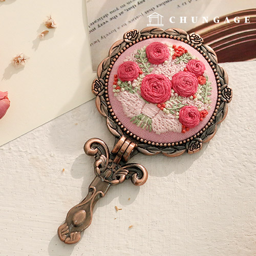French Embroidery Package DIY Kit Hand Mirror Pink Flower CH512008