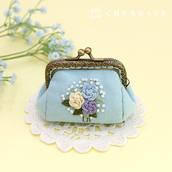 French Embroidery Package DIY Kit Coin Purse Rose Pompon Blue CH511860B