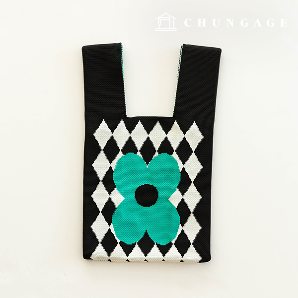 Knit Mini Hand Bag Check Knit Bag Wrist Bag Green Flower