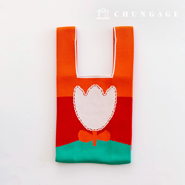Knit Mini Hand Bag Check Knit Bag Wrist Bag Orange Tulip