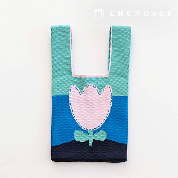 Knit Mini Hand Bag Check Knit Bag Wrist Bag Blue Tulip