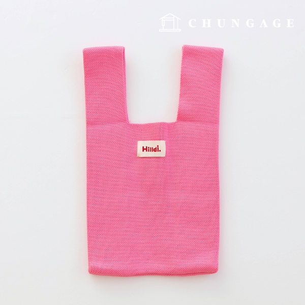 Knit Mini hand bag Check Knit bag wrist bag tote bag Plain Hot pink