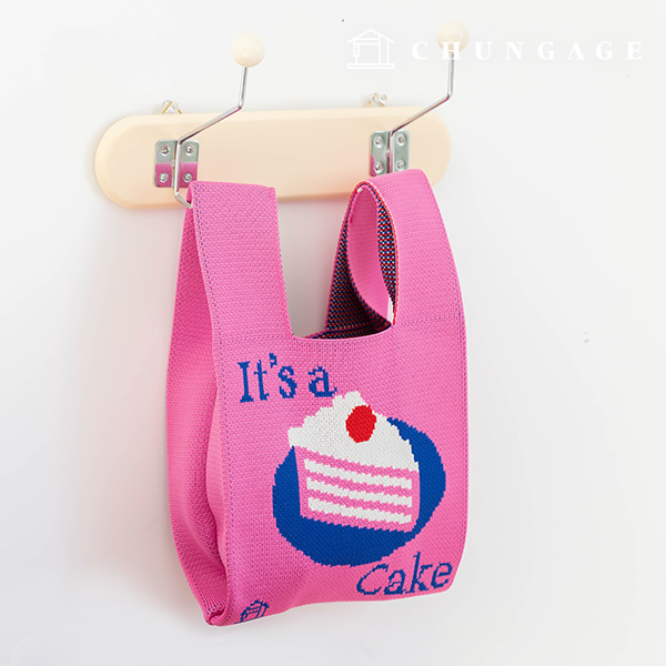 Knit Mini Hand Bag Check Knit Bag Wrist Bag Pink Cake