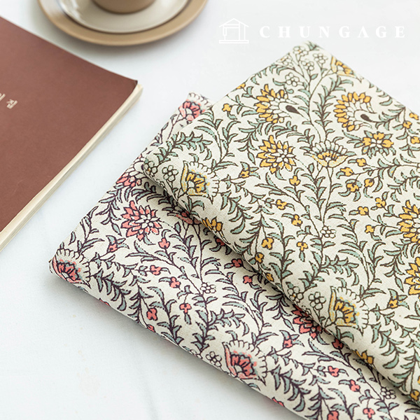 Linen Fabric Bio Washing Linen Cloth Floral Pattern Wide Width Marigold Flower 2 Types