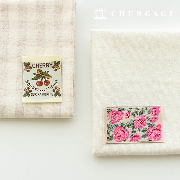 Cotton label, double-folded woven label, vintage cherry flower