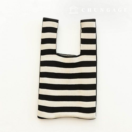 Knit Mini Hand Bag Check Knit Bag Wrist Bag Black Stripe