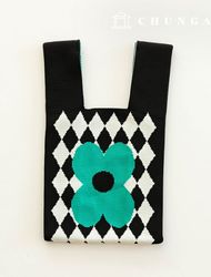 Knit Mini Hand Bag Check Knit Bag Wrist Bag Green Flower