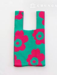Knit Mini Hand Bag Check Knit Bag Wrist Bag Vivid Flower