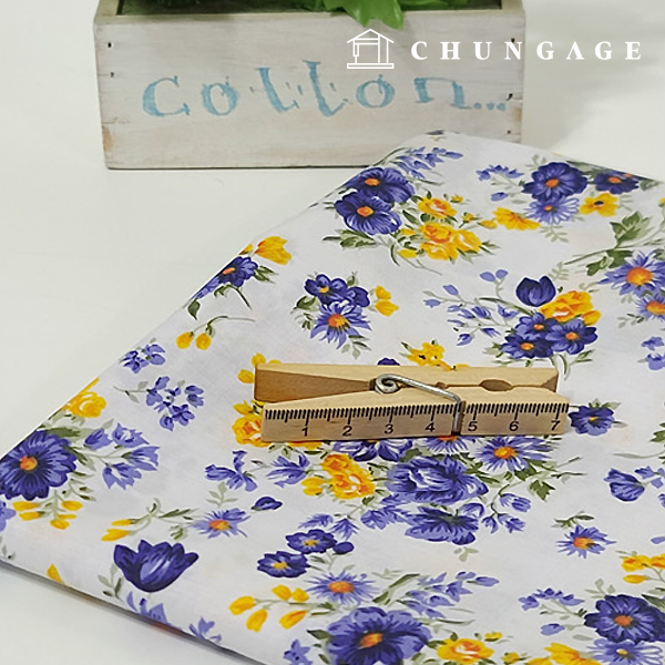 Cotton Blended Fabric Flower Pattern Fabric Wild Chrysanthemum Blue