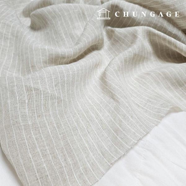 Linen Fabric Pure Linen Bio-Washing 40 count Wide Width Stripe Fabric Ivory 1cm Stripe