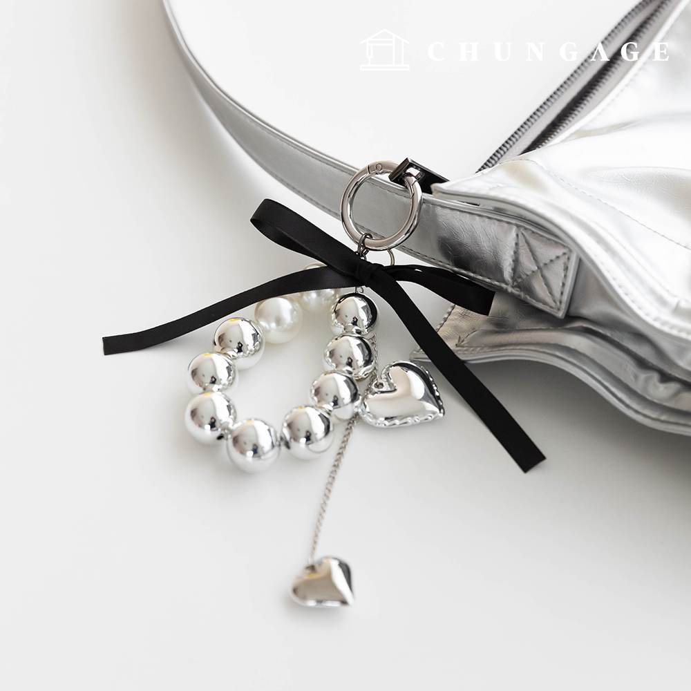Keyring bowknot heart pearl Silver Beads Key holder key ring key ring Silverpearl