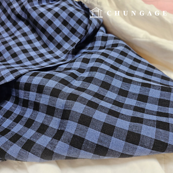 Linen Fabric Pure Linen Washing 30 count Wide Width Check Fabric Blue Black Square Check