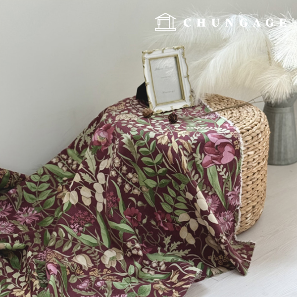 Linen fabric 11 count bio-washed floral pattern Flower Wide Width burgundy Floret