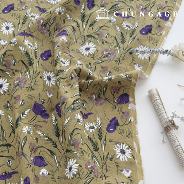 Linen fabric 15 count bio-washed floral pattern Flower Wide Width Olive Breeze