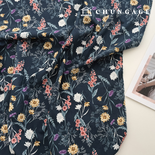 Linen fabric 15 count bio-washed floral pattern Flower Wide Width Moonlight Sonata