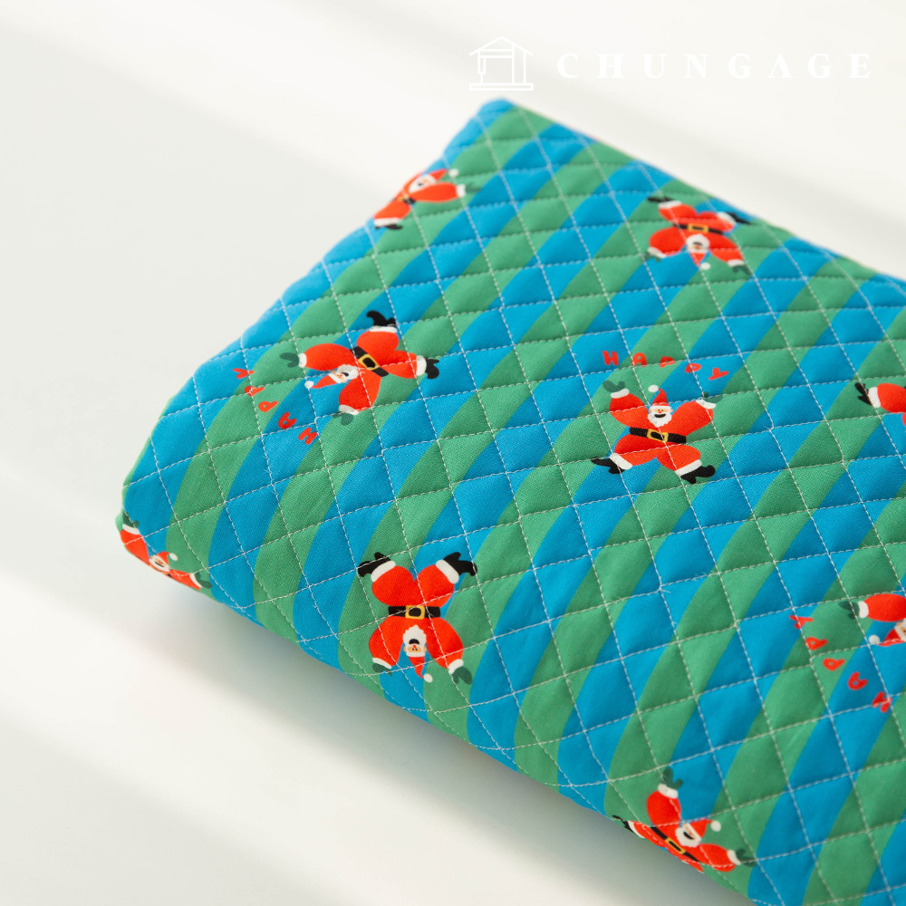 Quilted Fabric cotton 20 count DTP Christmas quilted fabric Dancing Santa green blue stripe