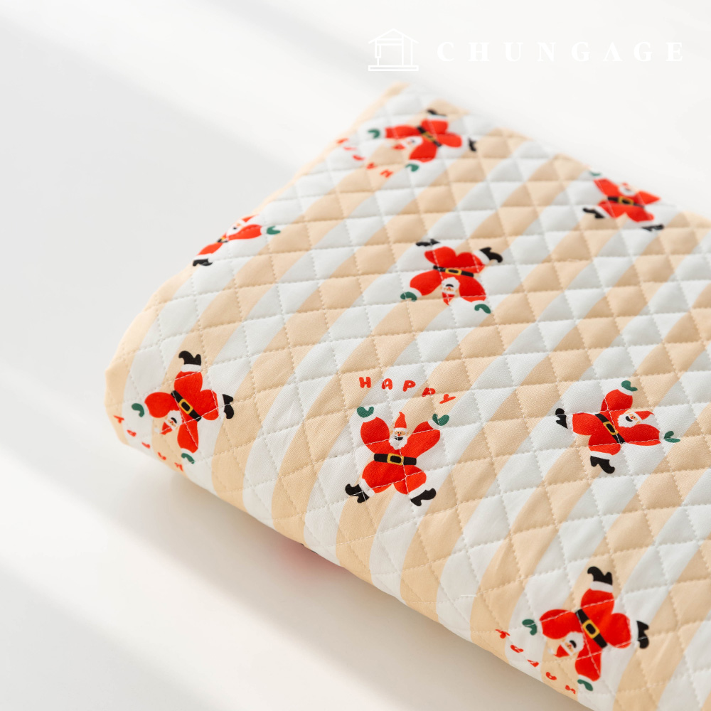 Quilted Fabric cotton 20 count DTP Christmas quilted fabric Dancing Santa Beige Stripe