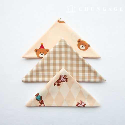 Fabric package Check Fabric Teddy bear rabbit zoo group Beige cotton piece fabric 3 types 094