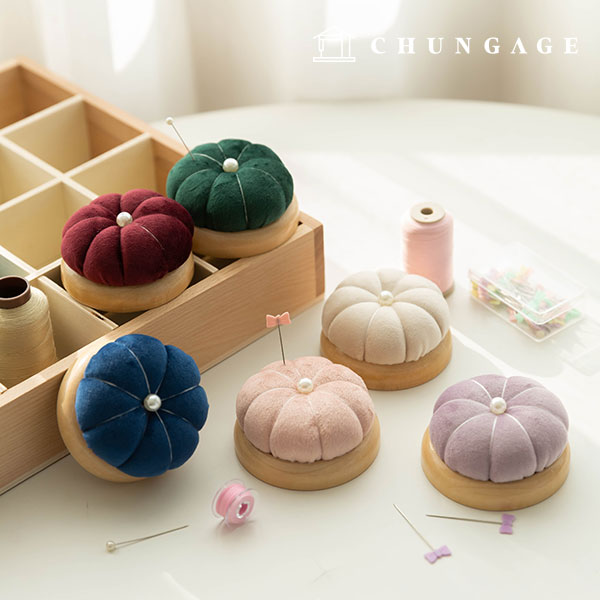Wood pin cushion Velvet needle flower basting pin holder Pumpkin wooden base pin rod