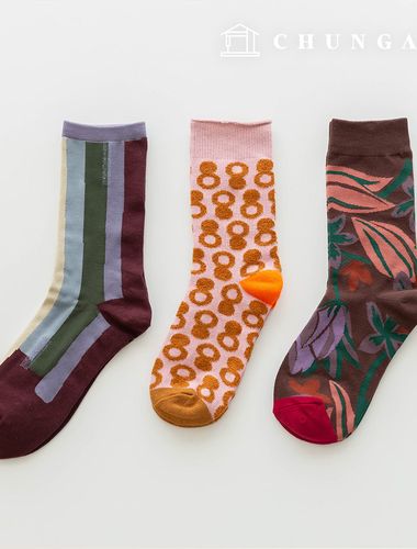 Winter Knit Mid-Calf Socks Corrugated Design Women's Fashion Socks 3-Piece SetD