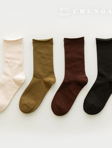 Winter Knit Mid-Calf Socks Corrugated Plain Women's Fashion Socks 4-Piece SetE