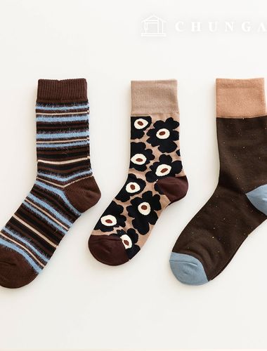 Winter Knit Mid-Calf Socks Corrugated Design Women's Fashion Socks 3-Piece SetB