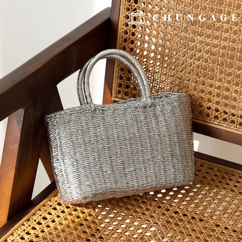 Silver Net Bag Mesh Net Bag Handbag Mini Rattan Bag Tote Bag Metal Rattan