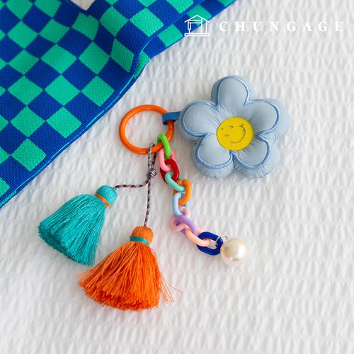 Keyring Flower Smile Tassel Decoration Chain Pearl Key Holder Key Ring Key Ring Charming Blue
