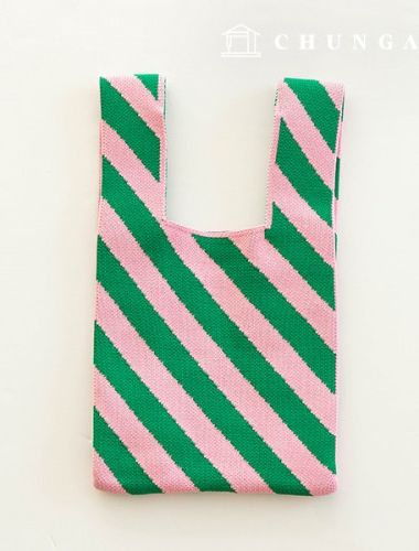 Knit Mini Hand Bag Check Knit Bag Wrist Bag Pink Diagonal Line