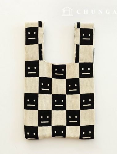 Knit Mini Hand Bag Check Knit Bag Wrist Bag Emoticon Black