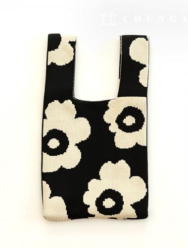 Knit Mini Hand Bag Check Knit Bag Wrist Bag Black Flower
