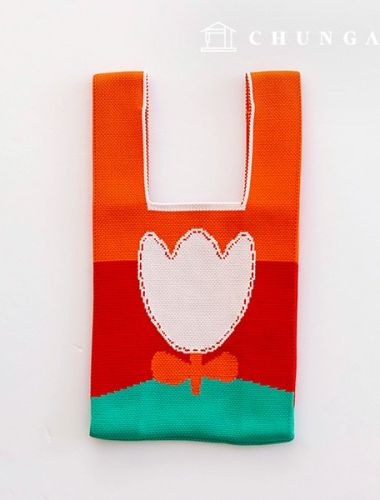Knit Mini Hand Bag Check Knit Bag Wrist Bag Orange Tulip