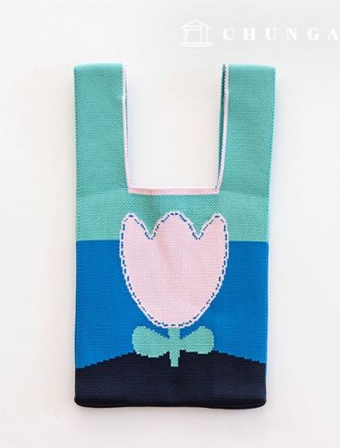 Knit Mini Hand Bag Check Knit Bag Wrist Bag Blue Tulip