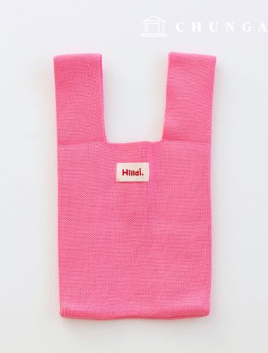 Knit Mini hand bag Check Knit bag wrist bag tote bag Plain Hot pink