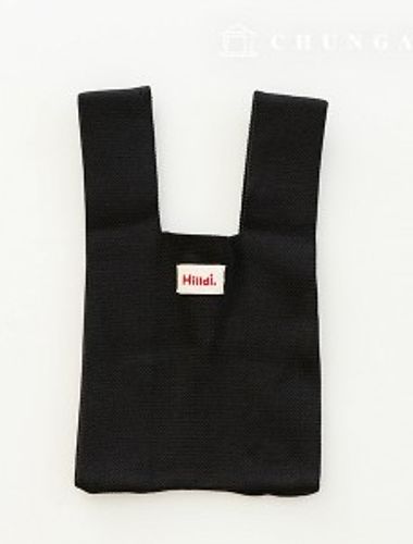 Knit Mini Hand Bag Check Knit Bag Wrist Bag Tote Bag Plain Black