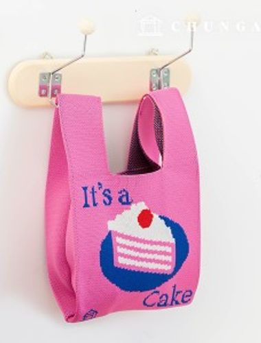 Knit Mini Hand Bag Check Knit Bag Wrist Bag Pink Cake