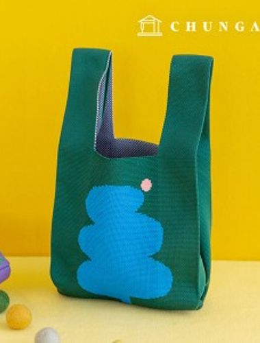 Knit Mini Hand Bag Check Knit Bag Wrist Bag Blue Tree