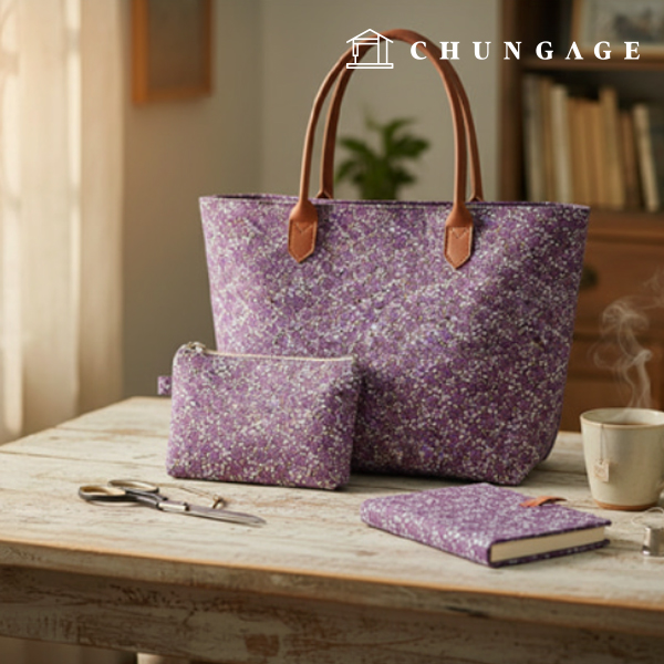 Cotton Flower Patterns Fabric 20 count Wide Width Natural Garden Purple