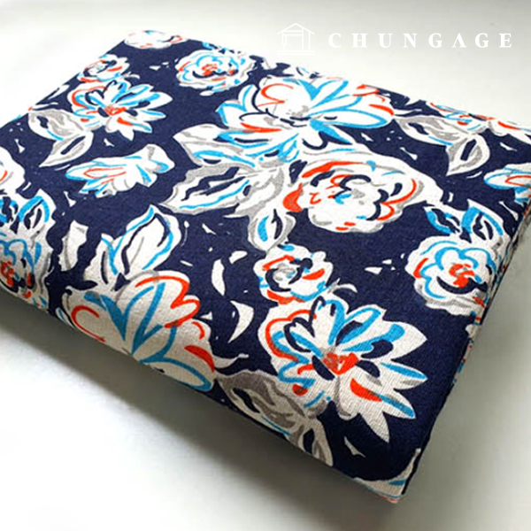 Linen fabric double-layer 20 count jacquard wide width unique flower navy 9489