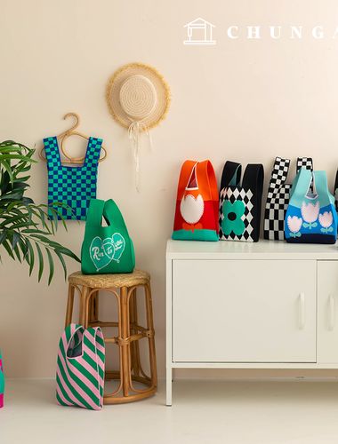 Knit Mini Hand Bag Check Knit Bag Wrist Bag Tote Bag