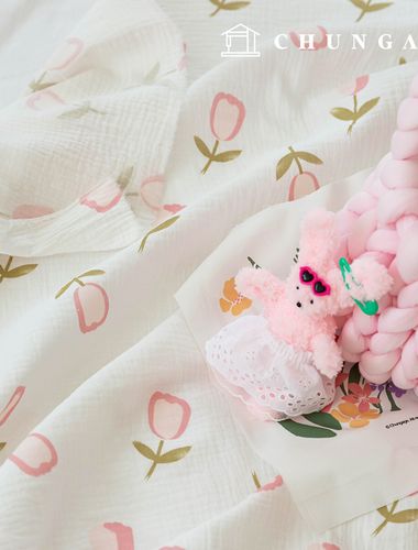 Yoru double gauze fabric cotton non-fluorescent biowashing fabric floral pattern fabric pink tulip