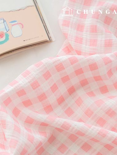 Yoru double gauze fabric cotton non-fluorescent biowashing Check Fabric pink Check