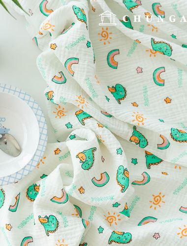 Yoru double gauze fabric cotton non-fluorescent biowashing fabric rainbow dinosaur