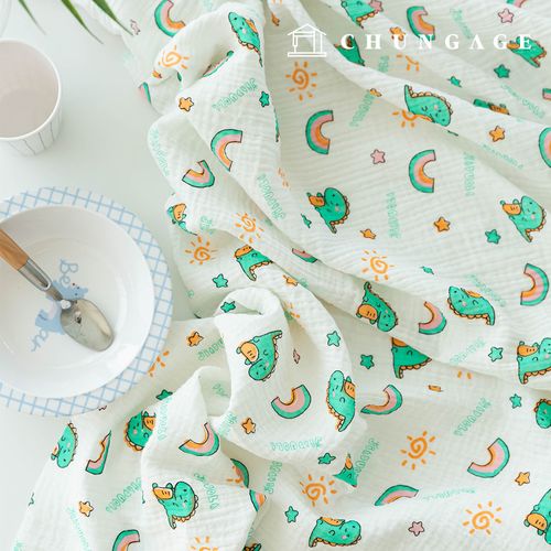 Yoru double gauze fabric cotton non-fluorescent biowashing fabric rainbow dinosaur