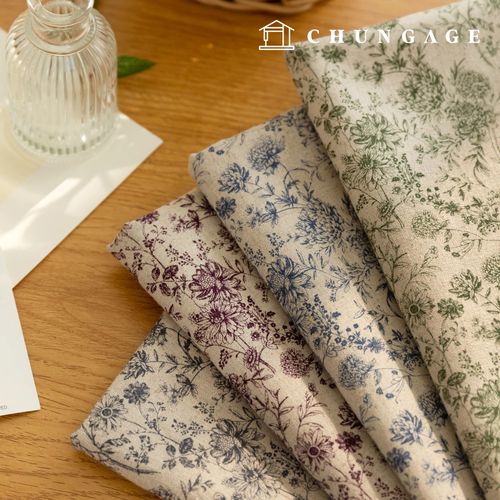 Linen fabric, cotton linen, vintage floral flower fabric, wide width, 11 count, 4 types of Lumeno