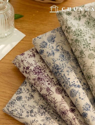 Linen fabric, cotton linen, vintage floral flower fabric, wide width, 11 count, 4 types of Lumeno