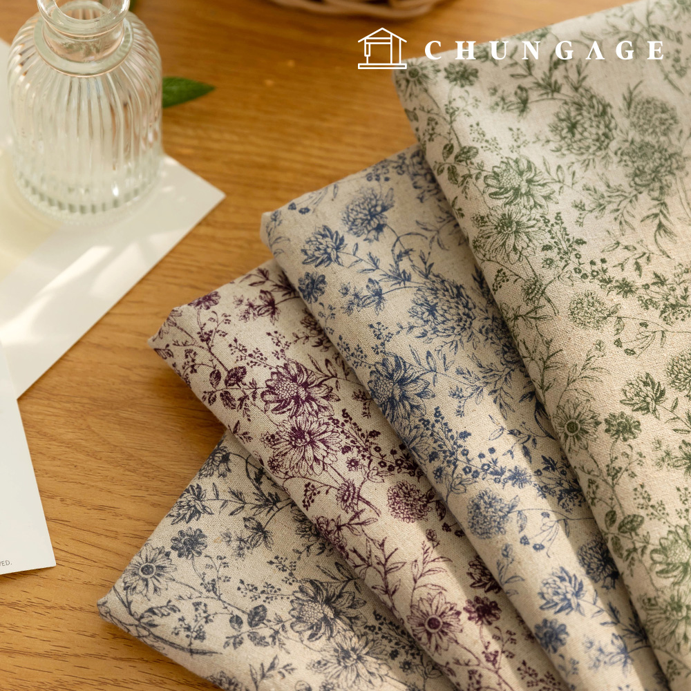 Linen fabric, cotton linen, vintage floral flower fabric, wide width, 11 count, 4 types of Lumeno