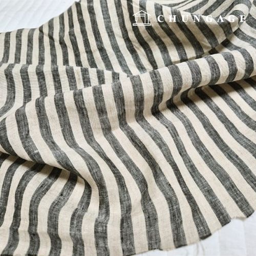 Linen Fabric Washing Wide Width Stripe Black Oatmeal 1cm