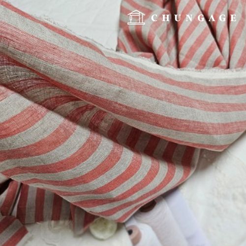 Linen Fabric Washing Wide Width Stripe Oatmeal Coral 1.5cm