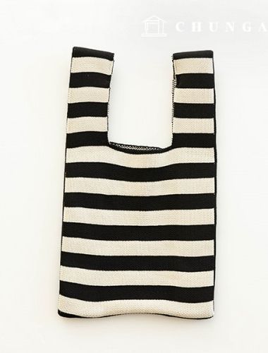 Knit Mini Hand Bag Check Knit Bag Wrist Bag Black Stripe